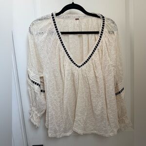 Free People Cream Eyelet Blouse with Black Trim